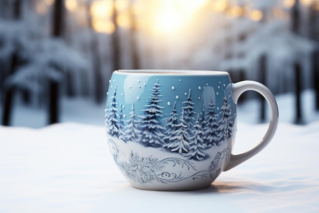 Decorated christmas coffee mug with winter forest landscape and snow