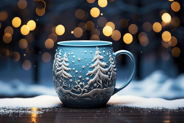 Decorated christmas coffee mug with winter forest landscape and snow