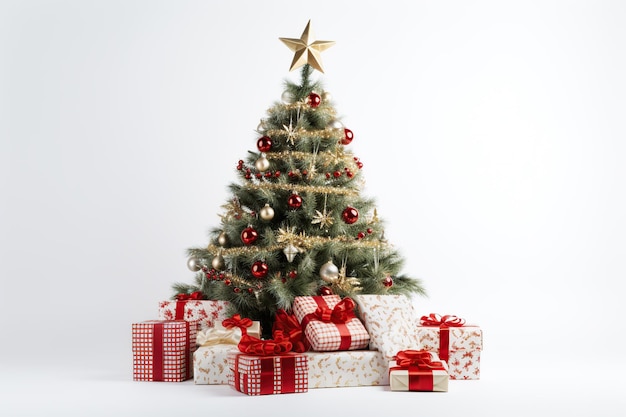 Decorated christmas fir tree with gift boxes on white background