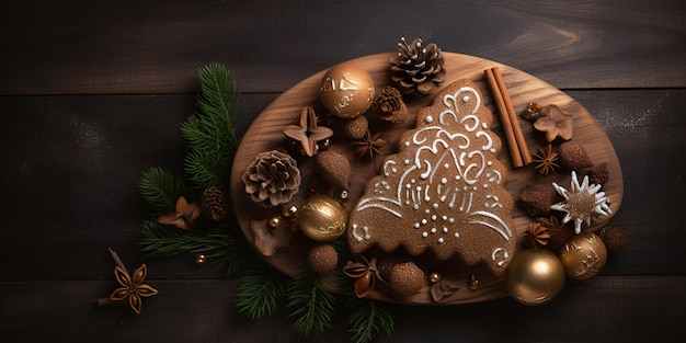 Decorated Christmas ginger bread in Christmas tree shape on wooden plate Generated AI