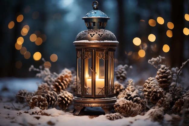 Decorated christmas lantern on snow Generative AI illustration