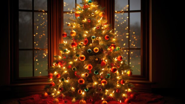 Decorated Christmas tree background Merry Christmas and Happy new year