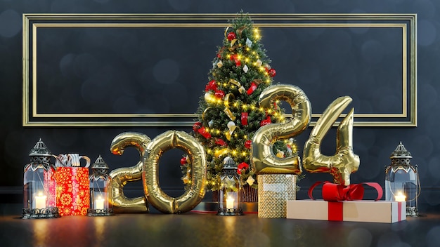 Foto albero di natale decorato su sfondo sfocato e concetto di buon anno nuovo 2024