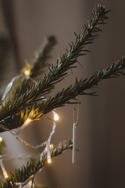 Decorated Christmas tree on blurred sparkling and fairy background