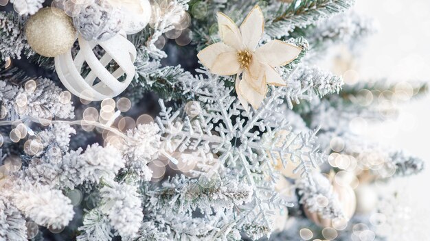 Decorated Christmas tree on blurred, sparkling and fairy light background.