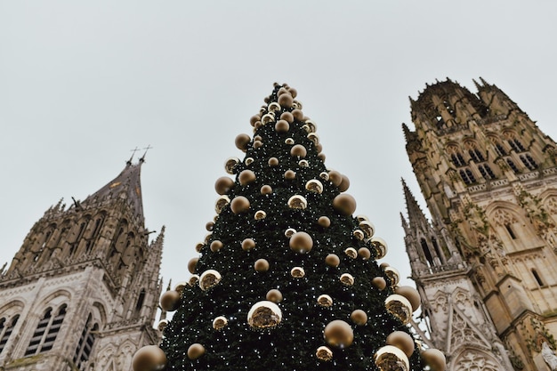 Decorated Christmas tree and cathedral in Rouen