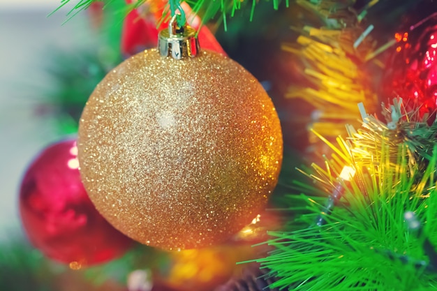 Decorated Christmas tree closeup.