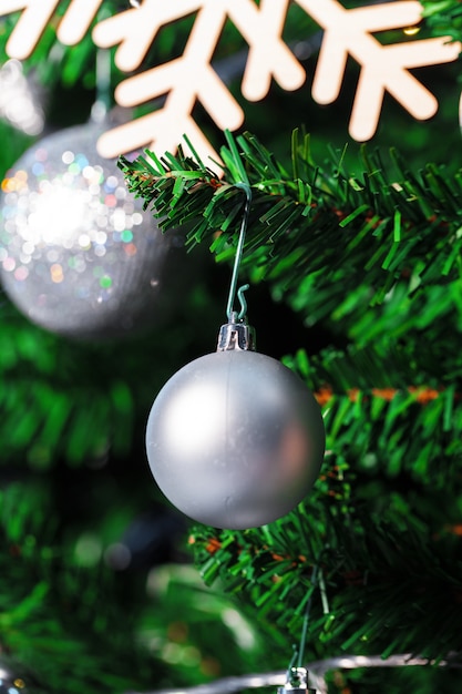 Decorated Christmas tree closeup.