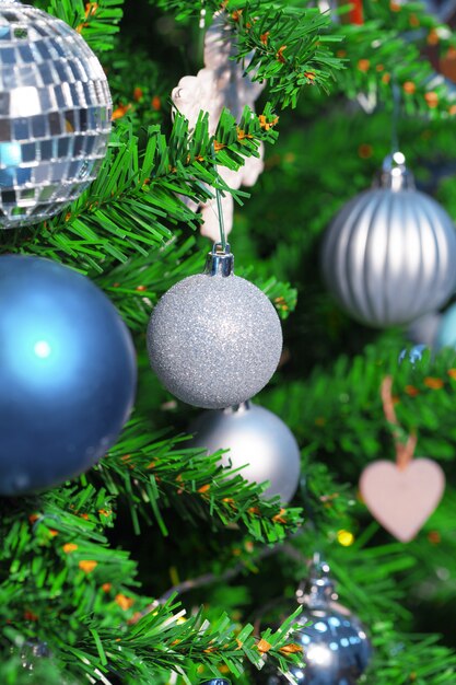 Decorated christmas tree closeup.