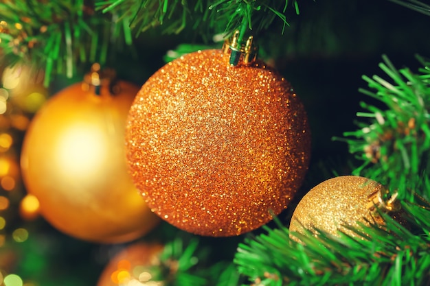 Decorated Christmas tree closeup.