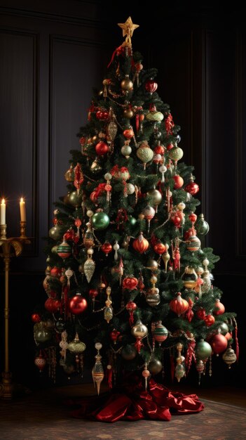 A decorated christmas tree in a dark room