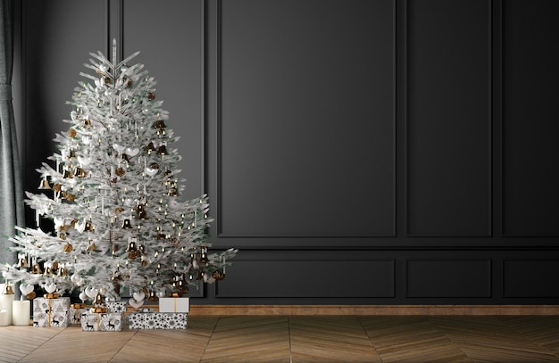 Decorated Christmas tree on an empty room