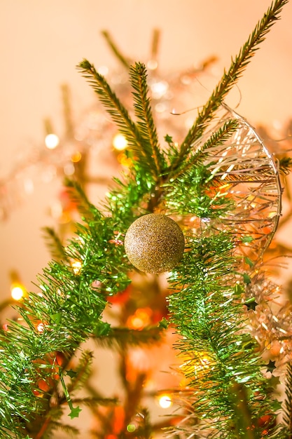 Decorated Christmas tree. Festive sparkling bright background