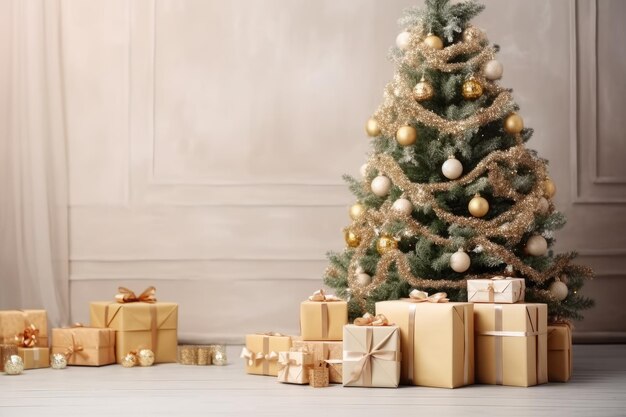 Decorated Christmas tree and gift boxes Space for text Generative AI