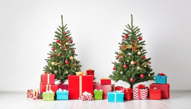 Photo decorated christmas tree and gifts on white background