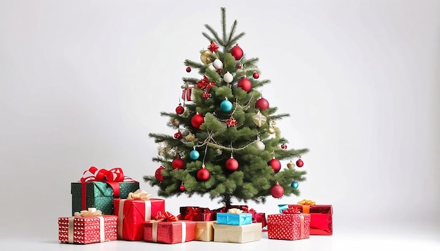 Decorated Christmas tree and gifts on white background