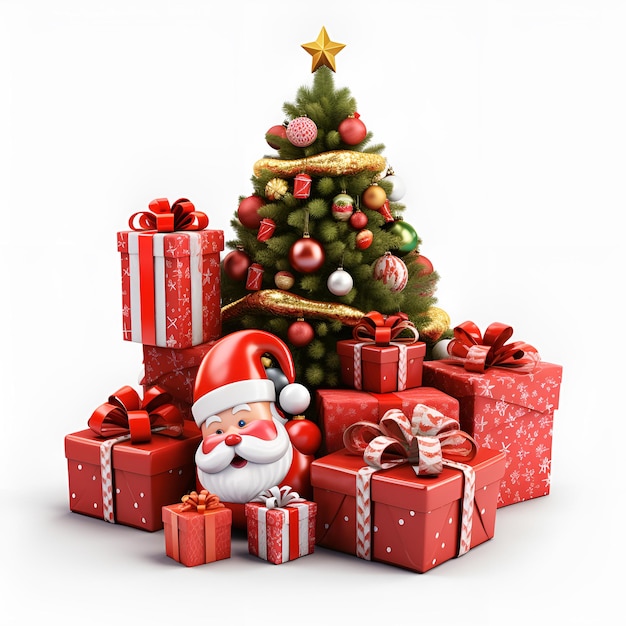 Decorated Christmas tree and gifts on white background