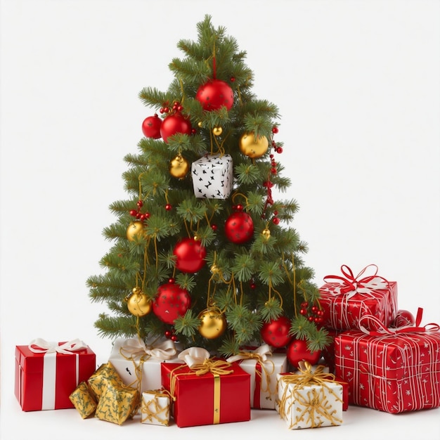 Decorated Christmas tree and gifts on white background