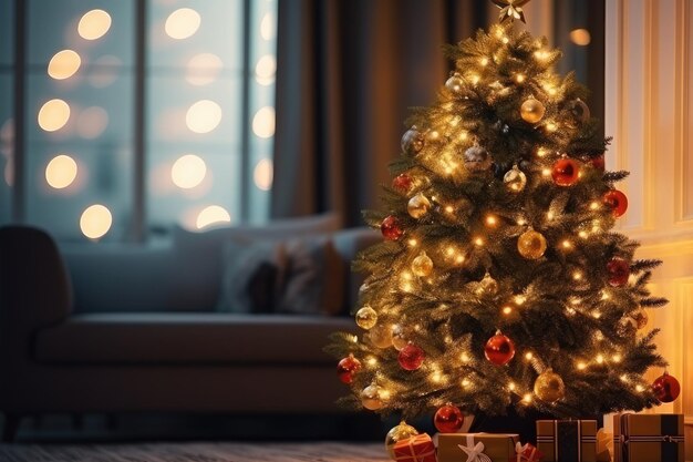 Decorated christmas tree in gold colors in family house for christmas eve generative ai