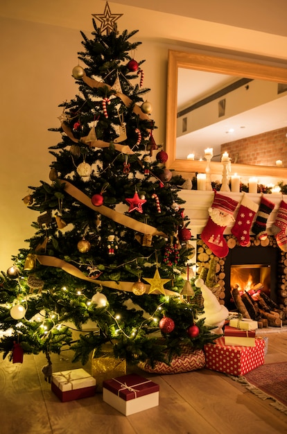 A decorated Christmas tree in the house