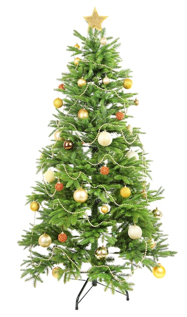 Albero di natale decorato isolato su bianco