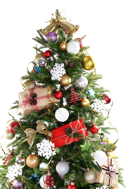 Decorated Christmas tree isolated on white