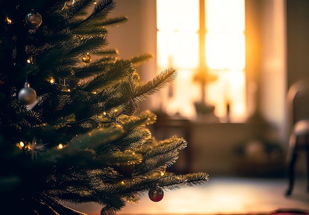 Decorated Christmas tree in living room with bokeh lights