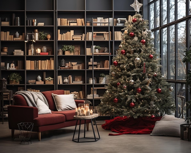 Photo decorated christmas tree in living room with large windows