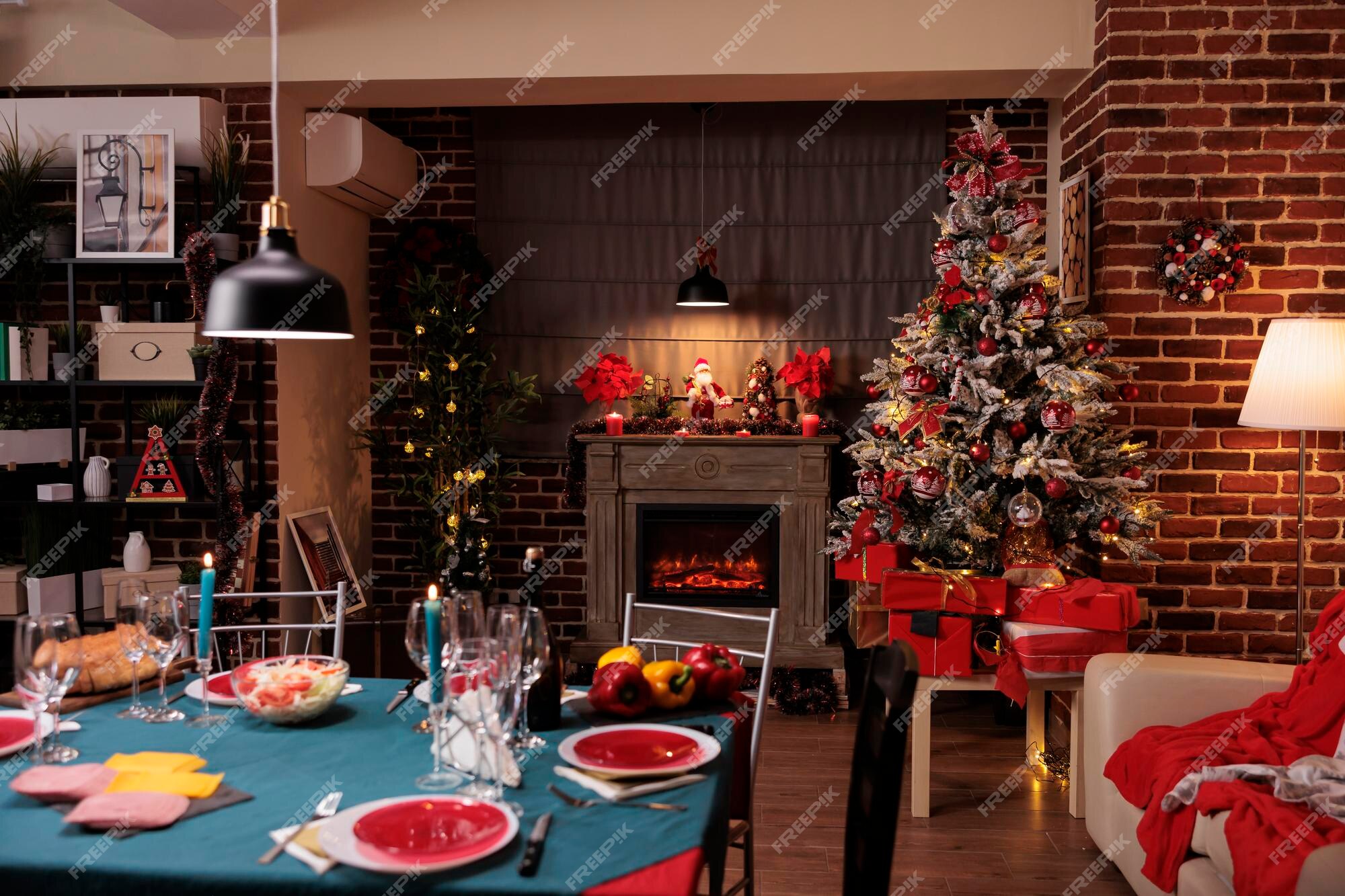 Premium Photo | Decorated christmas tree near fireplace, served ...