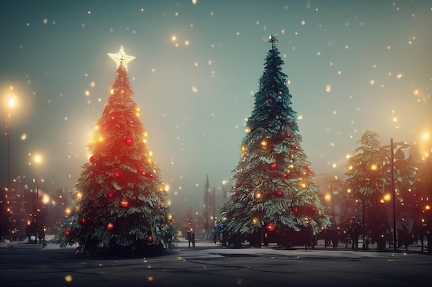 Decorated Christmas tree New Year on blurred cityscape winter background