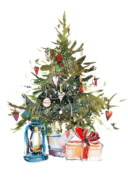 Decorated christmas tree New year Watercolor illustration Water color drawing.