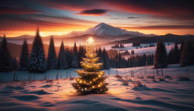 Decorated Christmas tree in a snowy field among forest and mountains with creaky snow and frosty air
