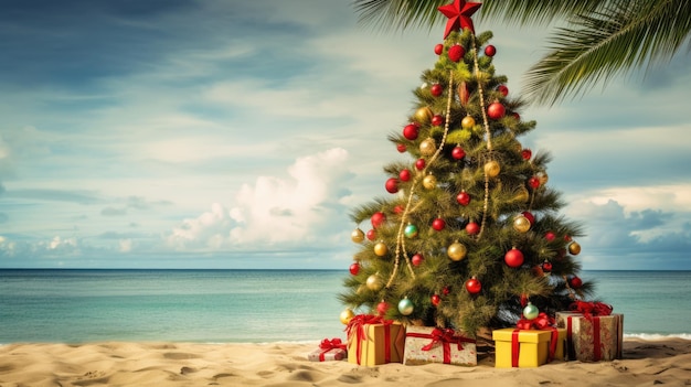 写真 雲の空の下の海辺に立っている装飾されたクリスマスツリー