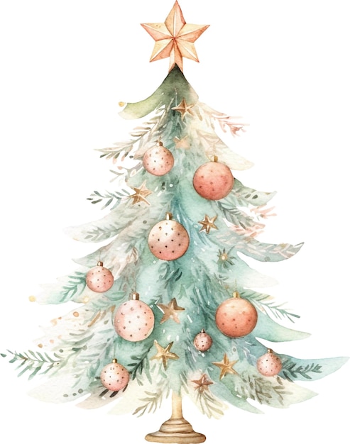 Decorated Christmas tree watercolor isolated on white