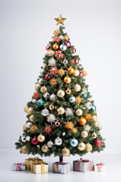 Декорированная рождественская елка на белом фоне