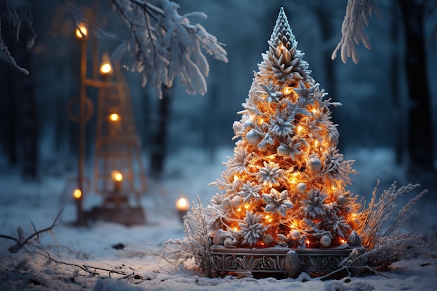 Decorated christmas tree in a winter snowy forest