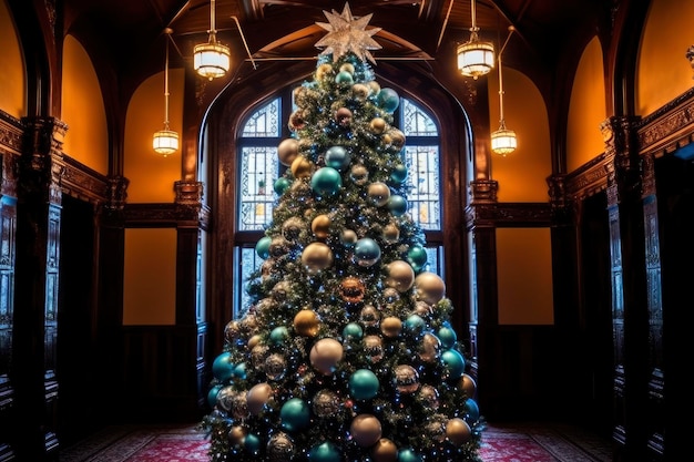 Decorated Christmas tree with balls and garlands in a luxurious interior new year tradition