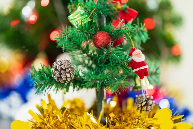 Decorated Christmas tree with blurred bokeh light background. Christmas and New Year concept