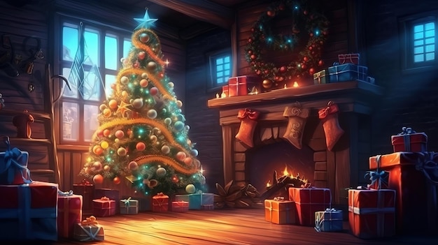 Decorated Christmas tree with faux fur skirt and gift boxes near fireplace indoors Generative Ai
