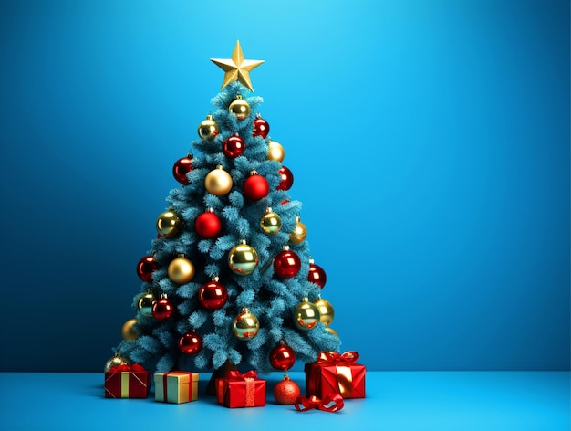 Decorated Christmas Tree with gifts on blue isolated background