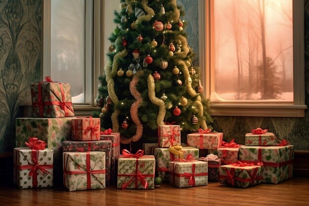 decorated Christmas tree with gifts in green and red colors