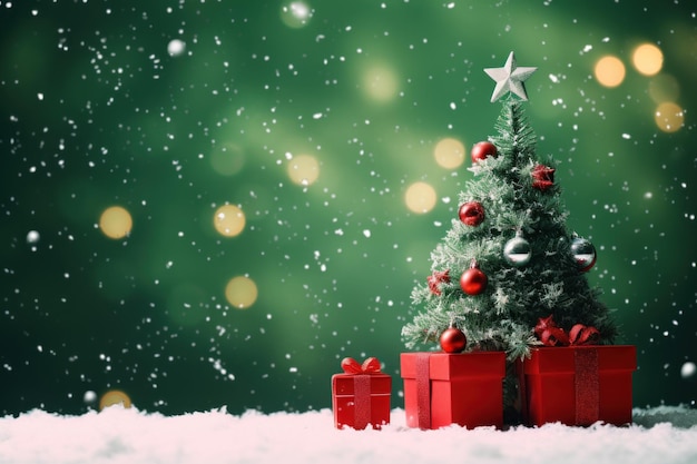 緑色の雪の背景にプレゼントを飾ったクリスマスツリーとボケのグリーティングカード