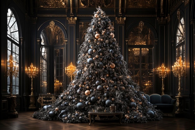 Decorated Christmas tree with golden and black balls in a luxurious interior new year