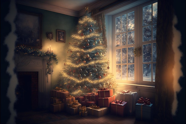 Decorated Christmas tree with illumination against the backdrop of a cozy roombeautiful fireplaceChristmaslight magical atmosphere night winter winter fairy tale wallpaper postcard magicAI