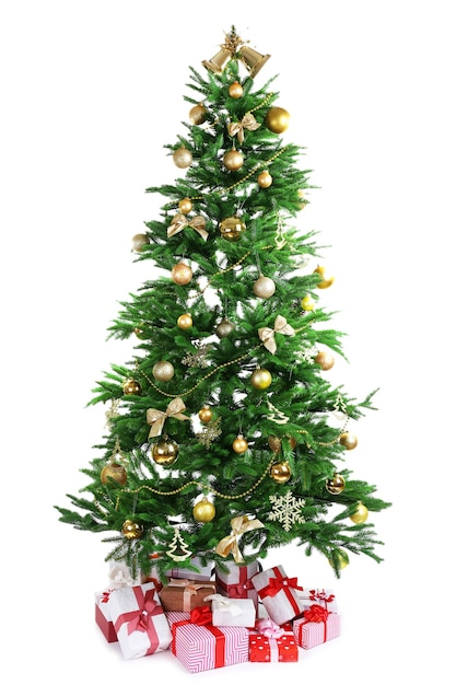 Decorated Christmas tree with presents under it isolated on white