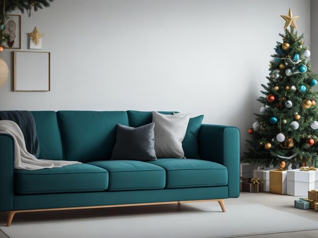 decorated christmas tree with red cushions in the nordic modern living room interior design front v