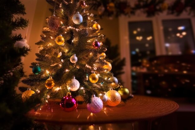 Foto albero di natale decorato con palle e ghirlande in un accogliente interno di casa tradizione di capodanno