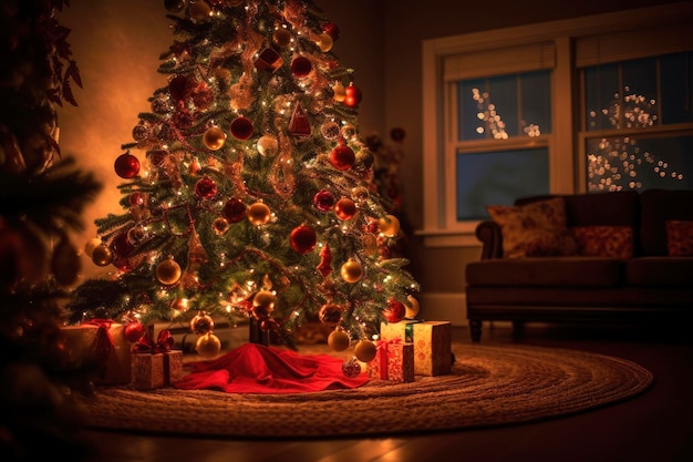 Photo decorated christmas tree with with balls and garlands in a cozy home interior new year tradition