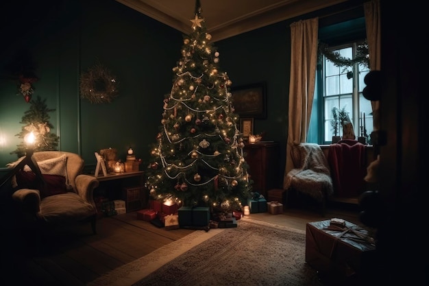 아한 주택 인테리어 새해 전통에서 공과 꽃받침으로 장식 된 크리스마스 트리