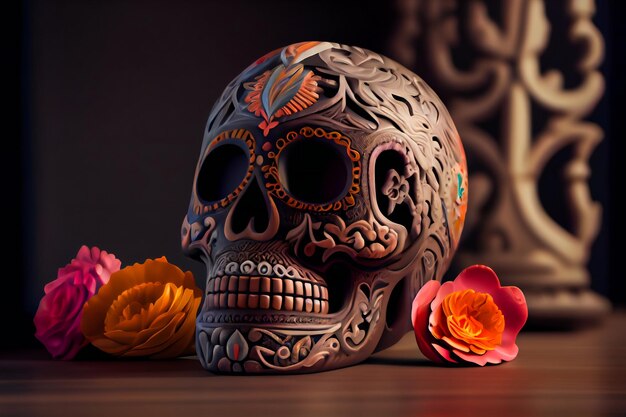 Decorated colorful skull Day of dead Mexico Generative AI